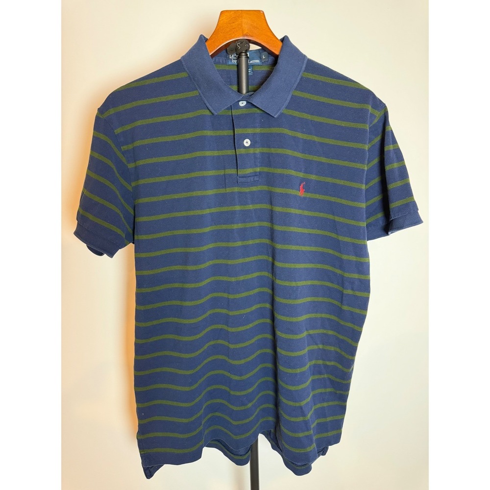 Polo Ralph Lauren Mens Large Pima Cotton Striped Polo Shirt Navy Blue Green